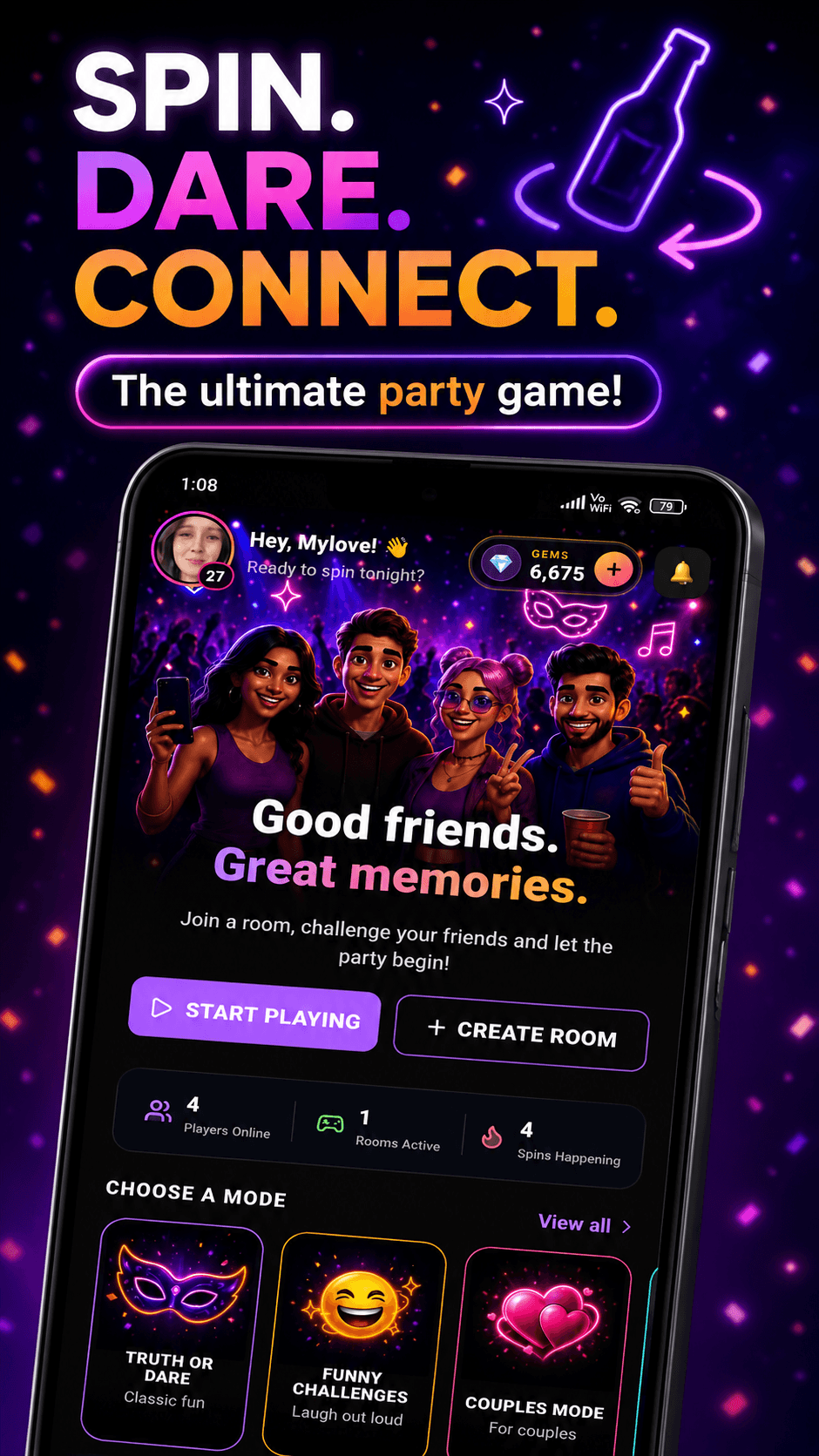 Startbildschirm von Spin the Bottle Party Game mit Spielmodi